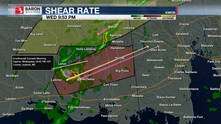 Een Tornado Debris signatuur en Confirmed Tornado Warning weergegeven in Baron Lynx.