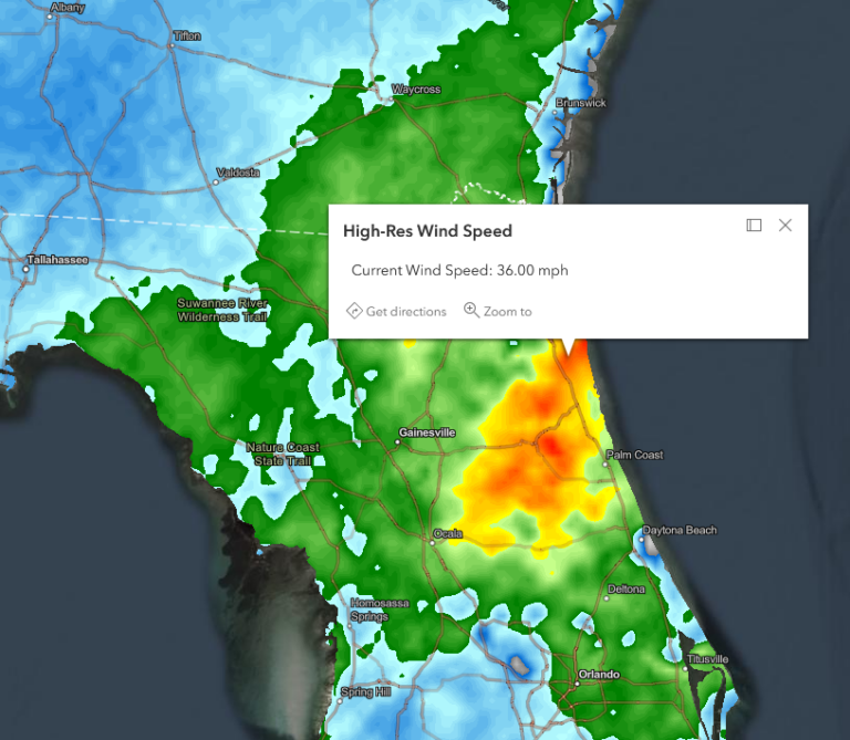 Als onderdeel van het Esri Partner Network kan Baron Weather Schermopname van huidige windsnelheid