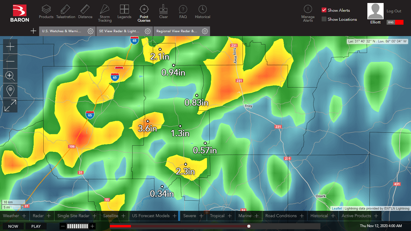 Neerslaggegevens voor verschillende gebieden in Crenshaw County worden weergegeven op Baron Threat Net.