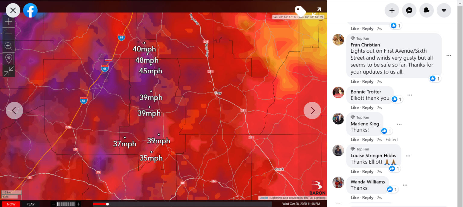 De Crenshaw County EMA verspreidde windsnelheidsgegevens van Baron Threat Net tijdens orkaan Zeta op Facebook.